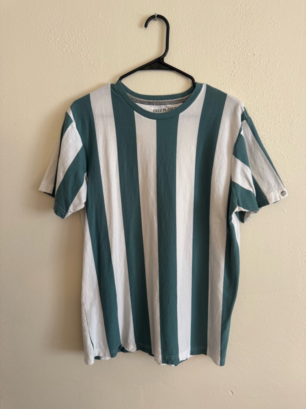 Free Planet Men's Teal and White Vertical Stripe Short-Sleeve Tee